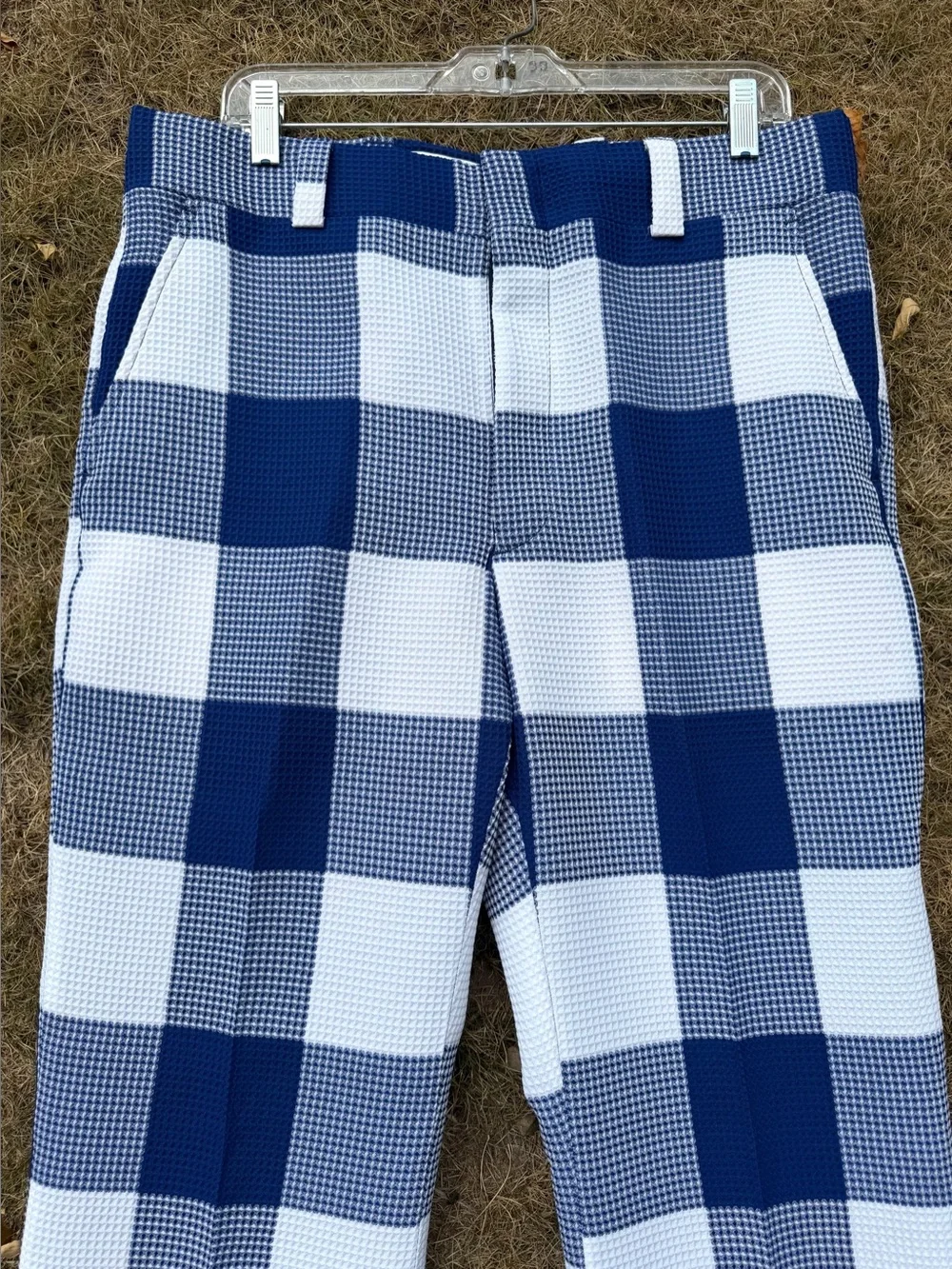 1970s CHECK GOLF PANTS Vintage Trouser Checked Blue & White Polyester Dress L
